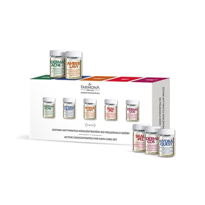 FARMONA Zestaw aktywnych koncentratów do pielęgnacji skóry (DERMA ACNE+ *2, HYDRA QUEST *2, AMBER LAVI *2, SKALPEL *2, DERMACOS *2) 10x5 ml getfull 1727
